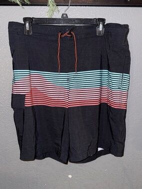 George Black Swim Shorts with Pink and Teal Stripes